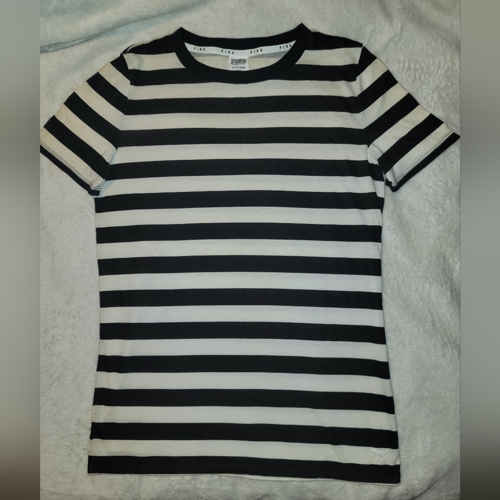 VICTORIAS SECRET PINK Black & White Striped T-Shirt - Womens Size Small